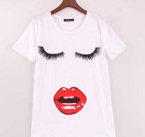 Eyelash Kiss Lip Printed T-shirt Women Tops Shirts