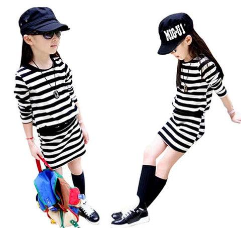 Long Sleeve Black & White Stripes Girls Cotton Dress