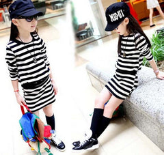 Long Sleeve Black & White Stripes Girls Cotton Dress