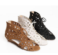 Cut-outs Lace Up Sandals Open Toe Low Wedges