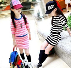 Long Sleeve Black & White Stripes Girls Cotton Dress