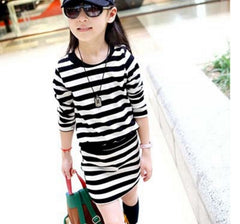 Long Sleeve Black & White Stripes Girls Cotton Dress